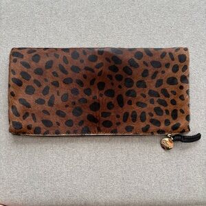 Clare V Calf Hair Clutch in Leopard Print with Gold Accents